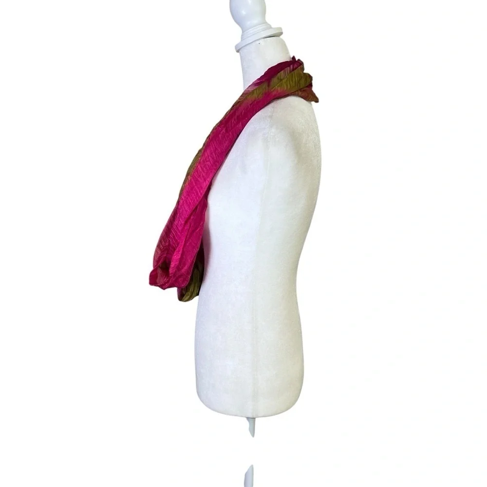 VTG Infinity Scarf Shawl Cowl Wrap Fuchsia Olive Green Silky Boho Colorful Chic
